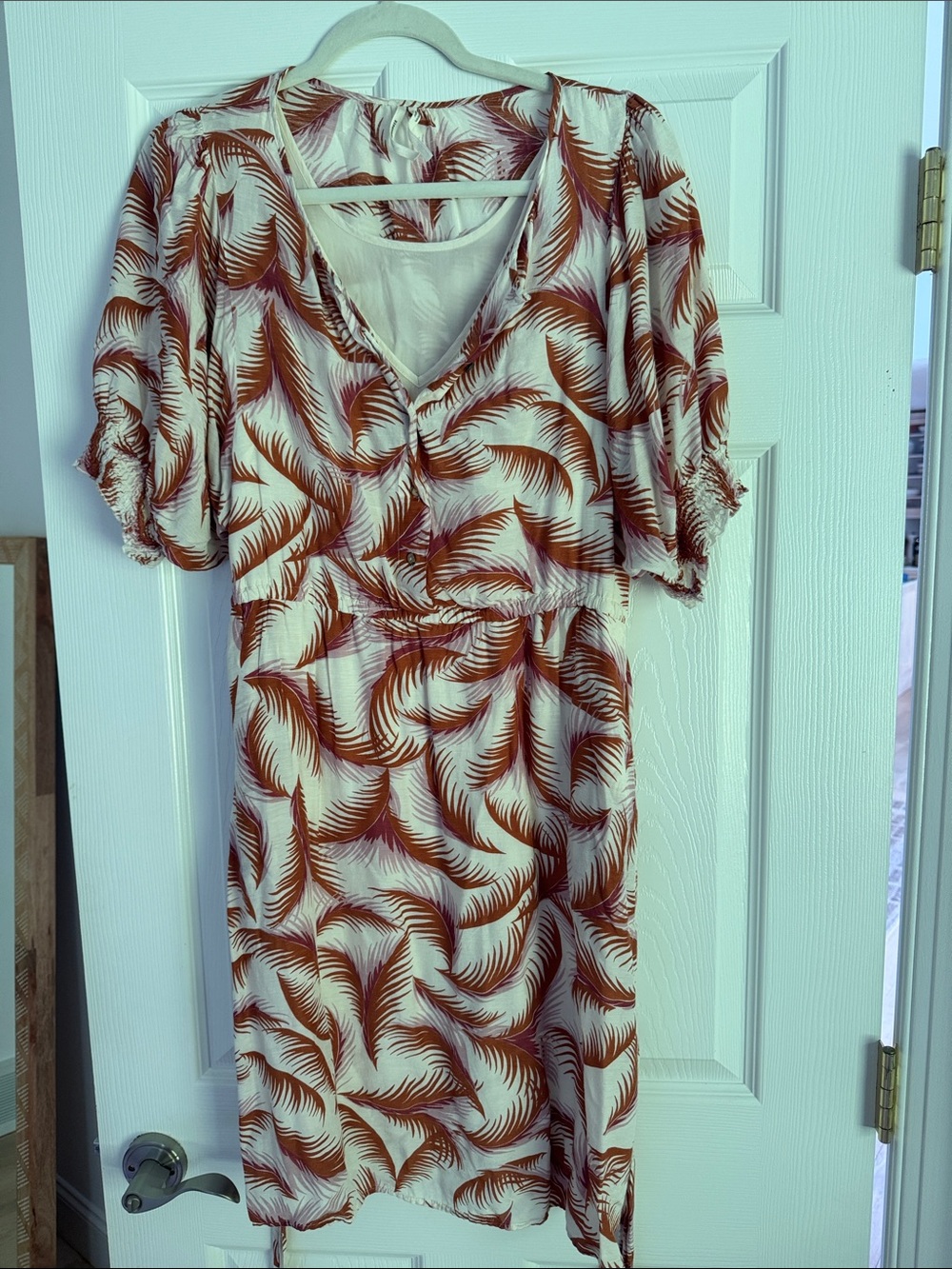 Anthropologie Cream Dress with Rust Leaf Print